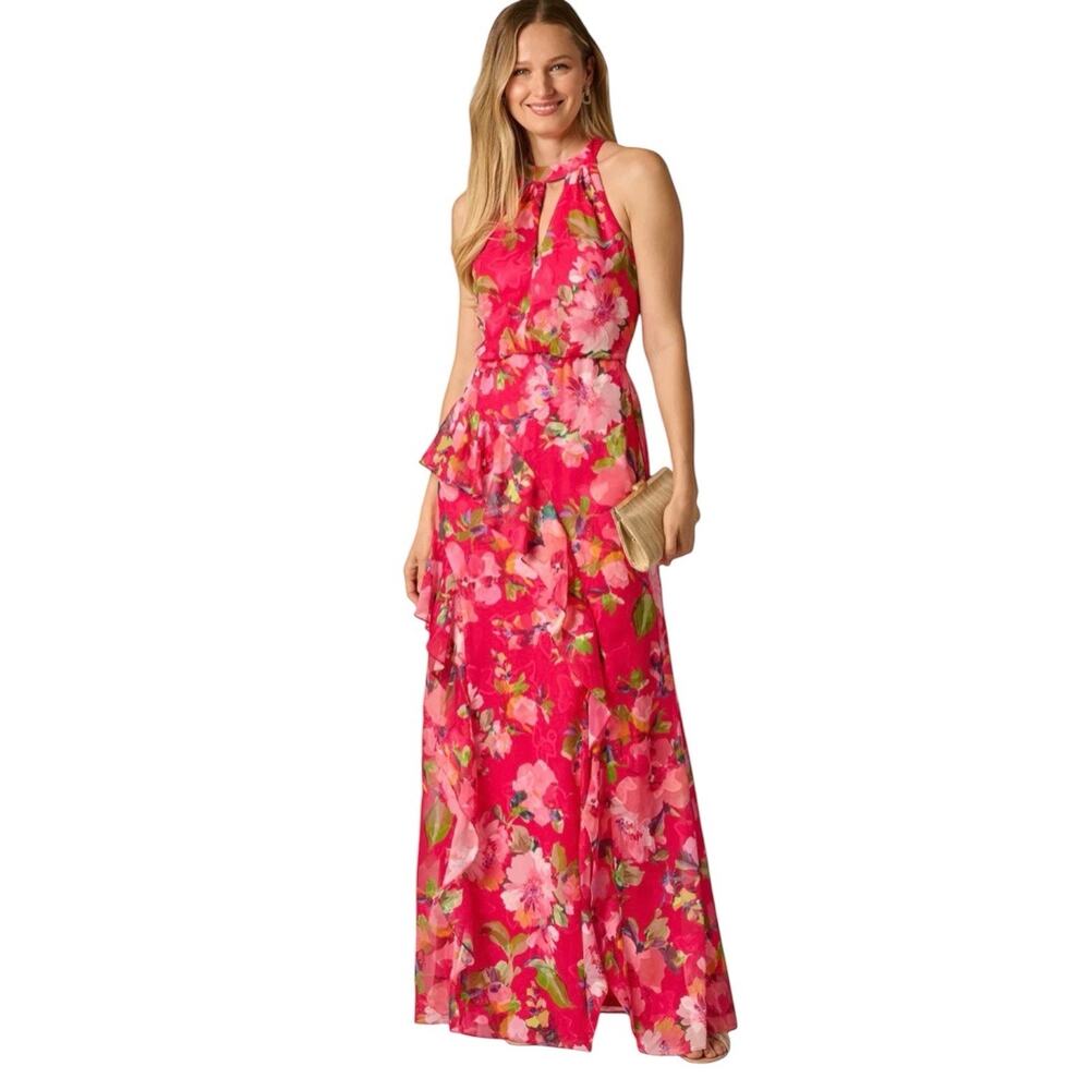 Adrianna Papell Pink Multicolor Floral Halter Keyhole Slit Mermaid 10 P $199 #78